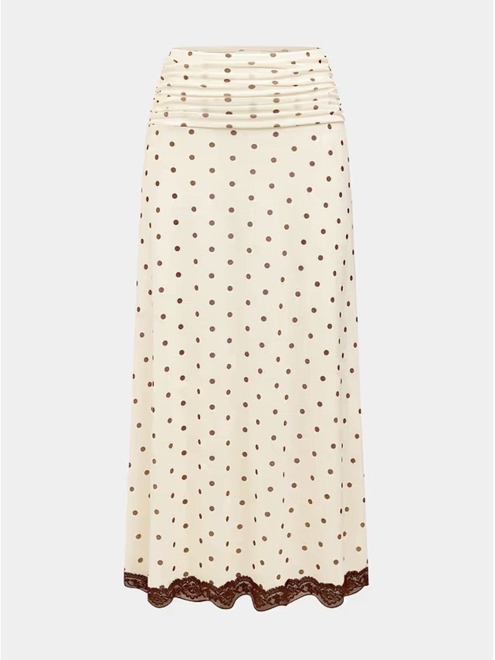 Cupshe Cream Maxi Skirt with Brown Polka Dots & Lace Hem